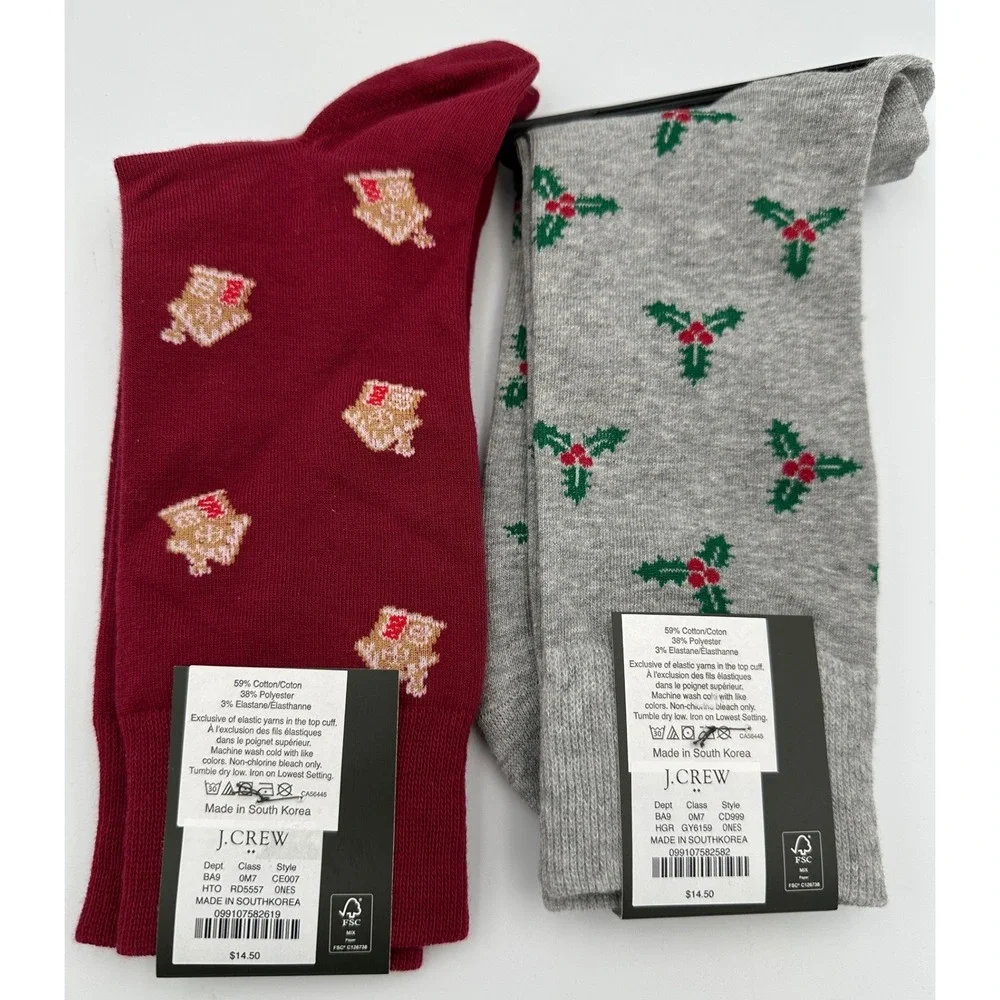 J.Crew Christmas Holiday Dress Socks 2-Pack NWT Holly Gingerbread House Gray Red